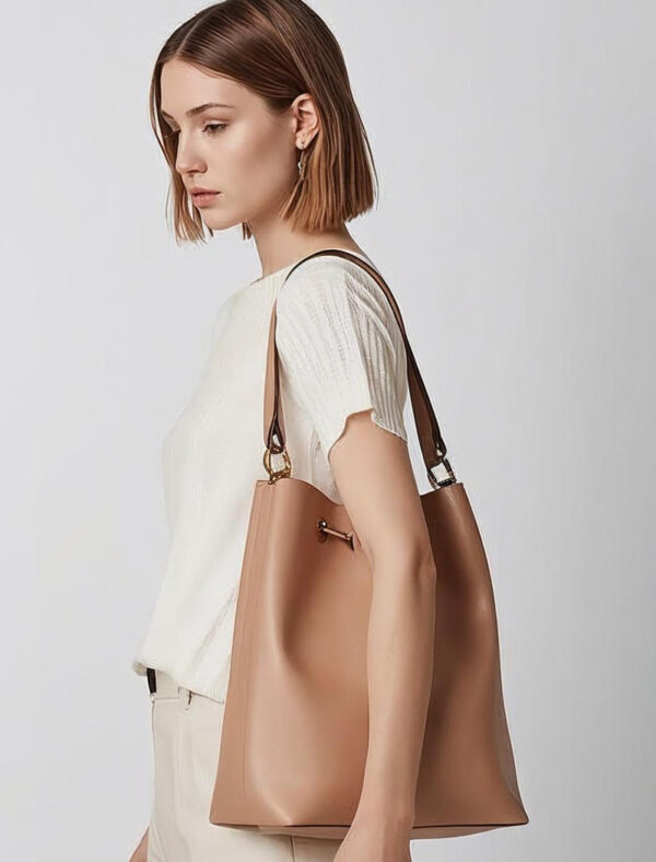 Beige Modern Leather Bucket Bag - Image 2
