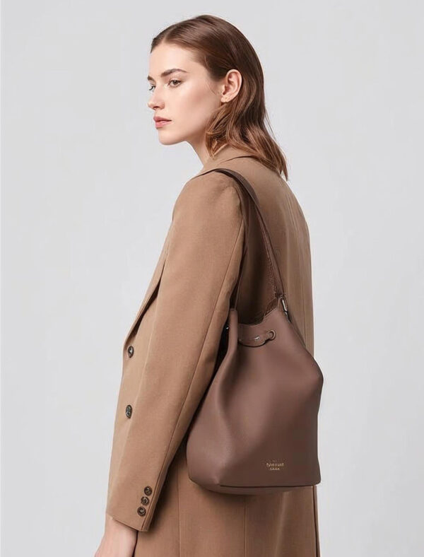 ฺBrown Modern Leather Bucket Bag - Image 2